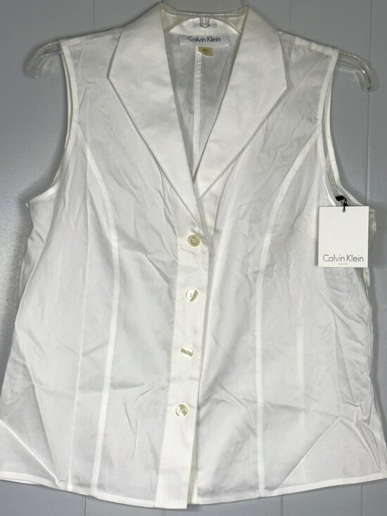 Calvin Klein Tops - Calvin Klein Whte Button-Down Sleeveless Shirt Blouse Tank Top Non-Iron Travel 8